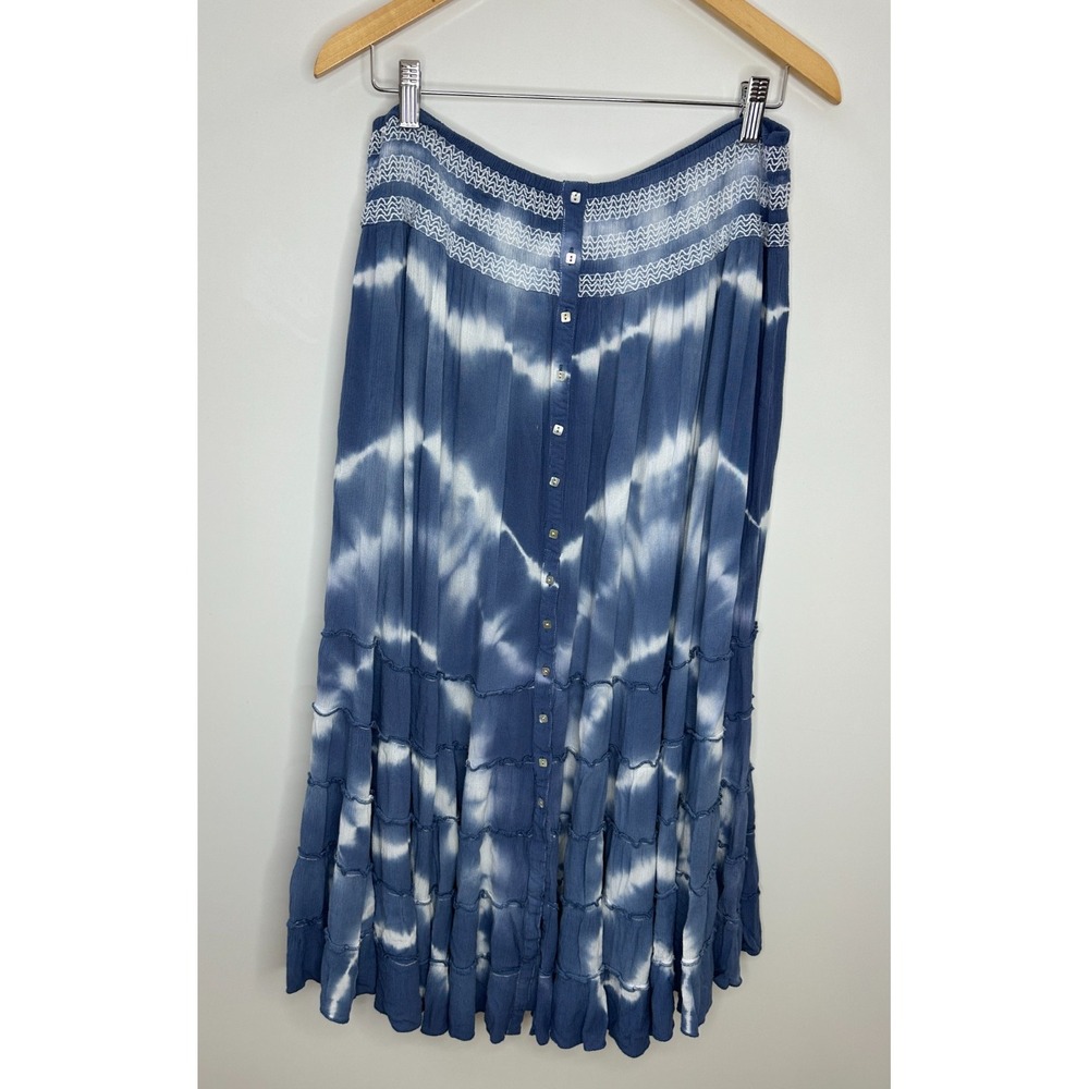 John Mark Tie Dye Smocked Waist Button Front Tiered Ruffle Maxi Skirt Large Blue - Picture 11 of 11